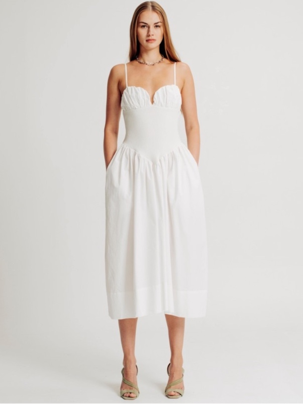 Torn by Ronny Kobo Miley Poplin Dress in White size Large Bustier Pleated Midi